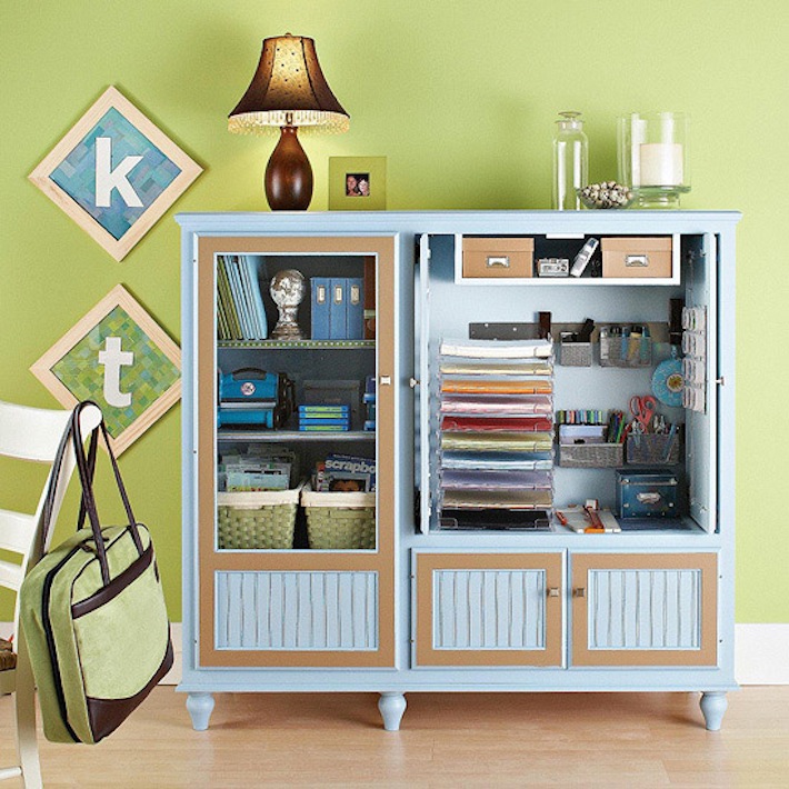 Blue craft storage from old entertainment unit, via Pinterest