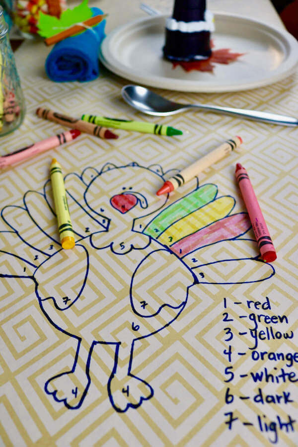 Traced color-by-number turkey will give kids something fun to do while the grown ups chit chat