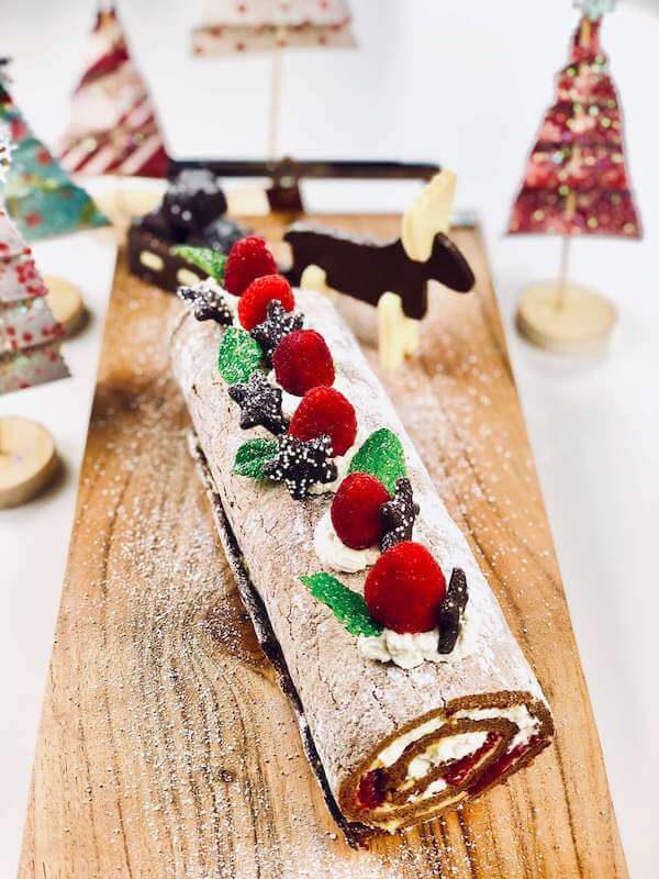 Finished Buche de Noel cake to delight your Christmas guests