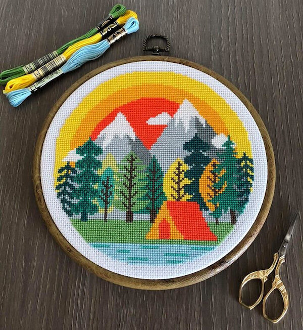 Camping at the mountains cross stitch pattern