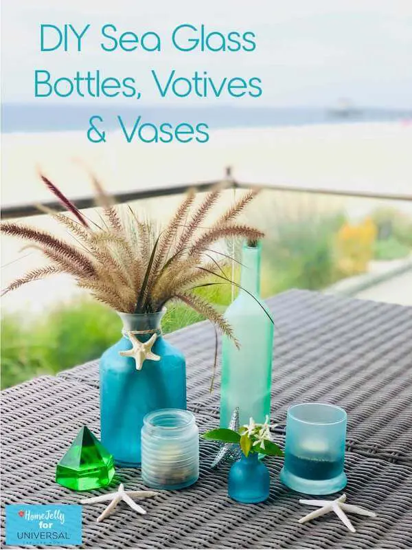 Finished DIY Sea Glass Bottles, Votives and Vases Pinterest pin copy