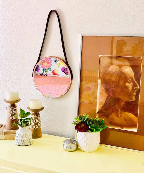 Leather strap hanging mirror - angle portrait mirror on left
