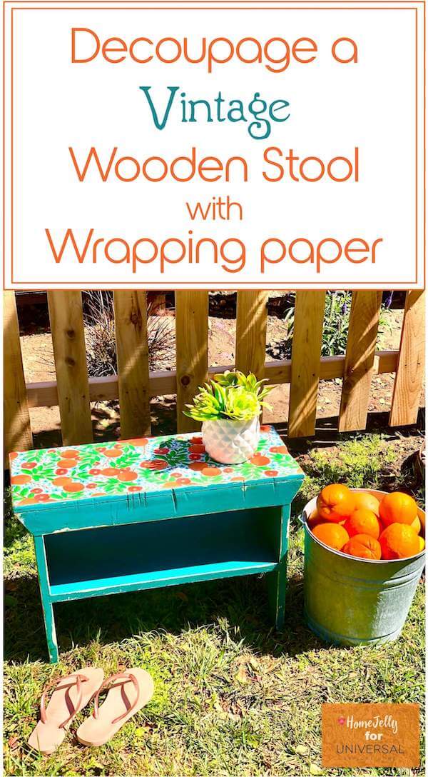 Decoupage a Vintage Wooden Stool with Wrapping Paper - Pinterest