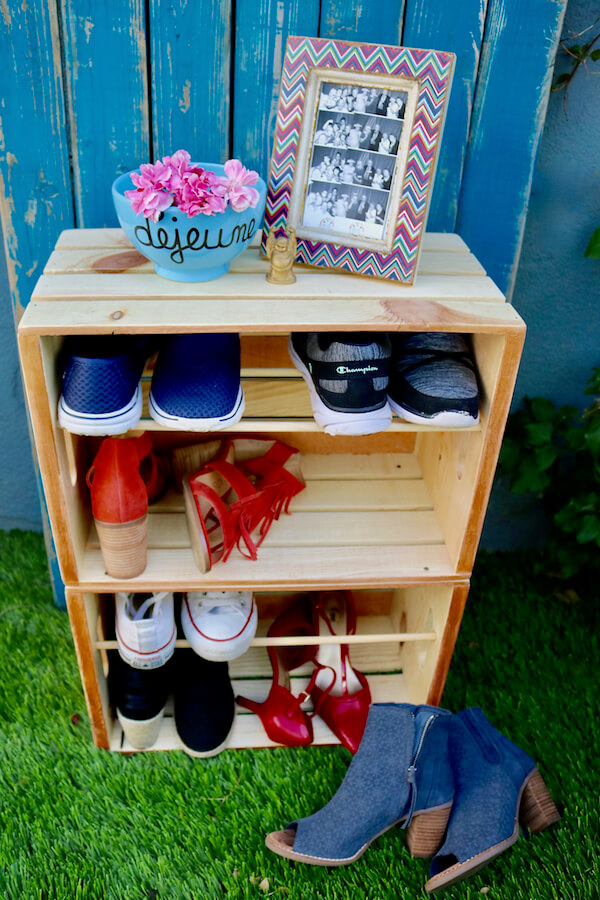 Crate 'n dowel shoe nook organizer