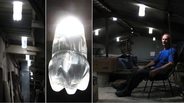 Plastic bottles are upcycled into sun tube sky lights