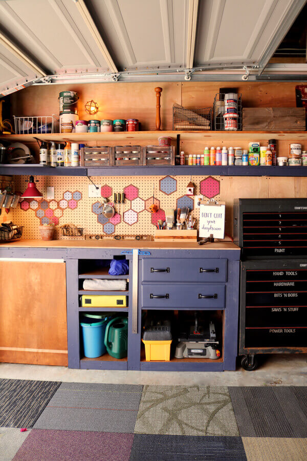 Made over garage workshop is colorful and functional