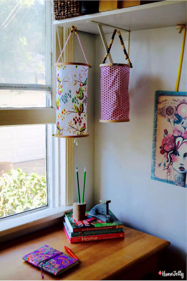 Embroidery hoop lanterns add cheer to a desk area1