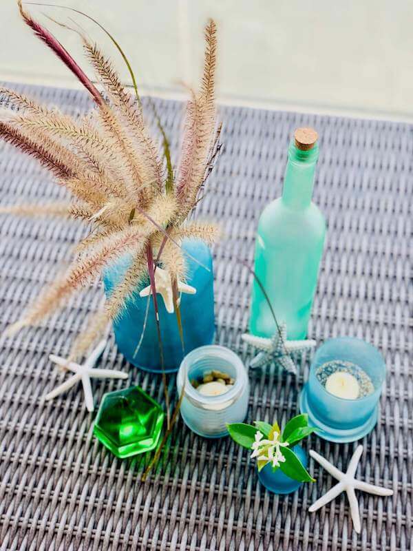 DIY Sea Glass bottles, votives and vases - top view