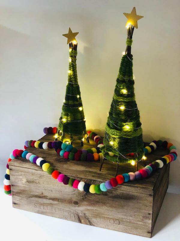 Woven willow mini Christmas trees - lighted up! So magical!
