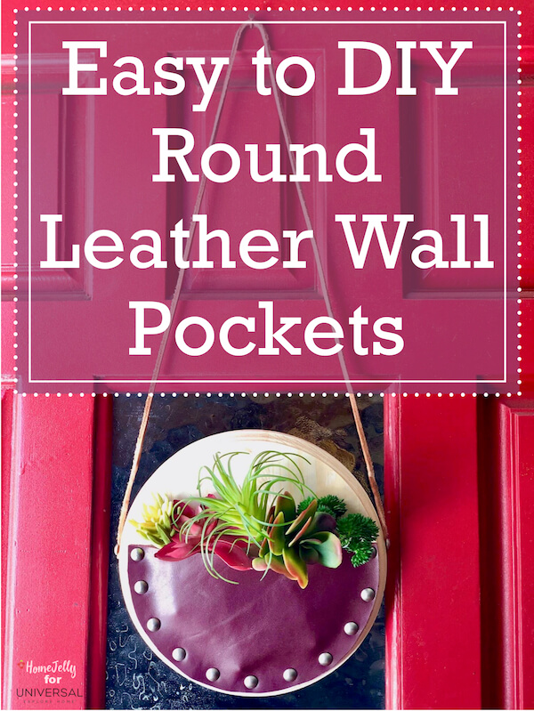 image showing round leather wall pockets to pin to Pinterest